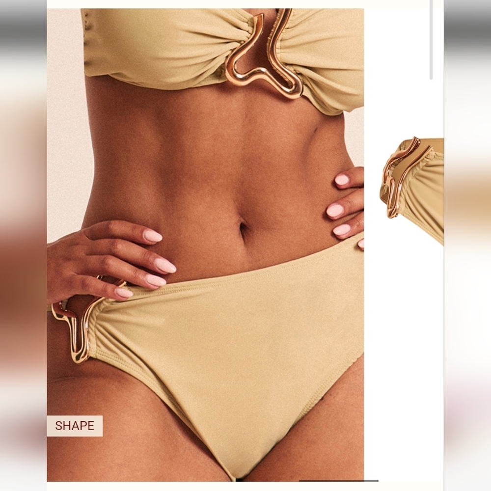 #98 NWT PrettyLittleThing Shape Olive Gold Wave Trim Bikini Bottoms